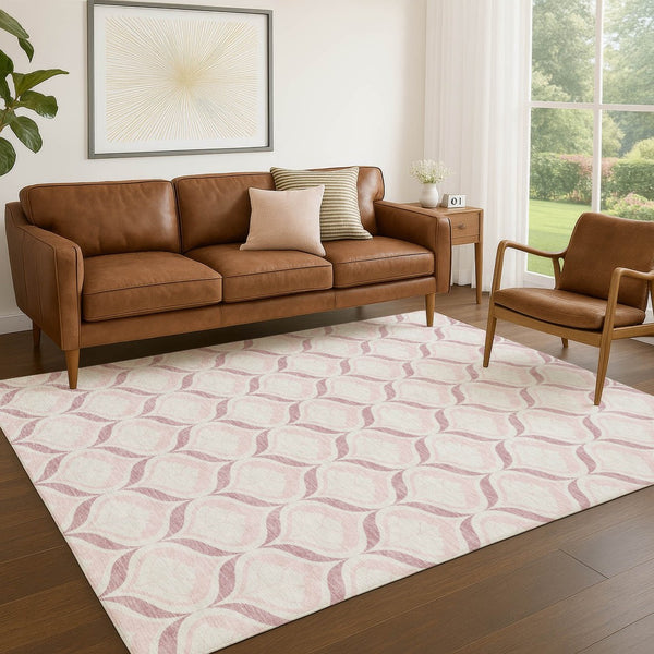 HomeRoots 5' Pink and Ivory Geometric Indoor-Outdoor Area Rug - Durable, Machine Washable, Stylish Accent Piece 689770