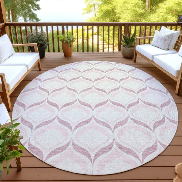 HomeRoots 8' Pink and Ivory Round Geometric Rug - Stylish, Washable, Durable for Indoor & Outdoor Spaces 689771