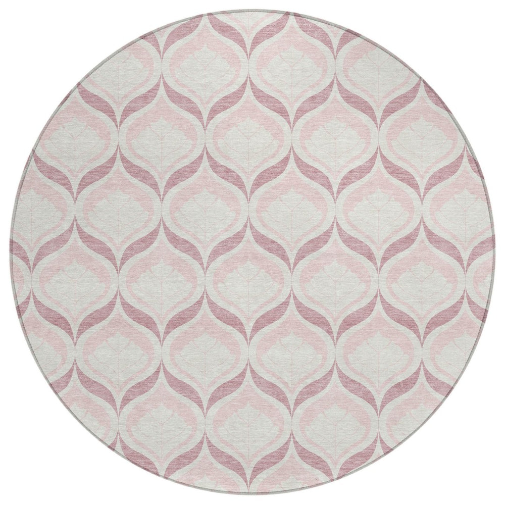 HomeRoots 8' Pink and Ivory Round Geometric Rug - Stylish, Washable, Durable for Indoor & Outdoor Spaces 689771