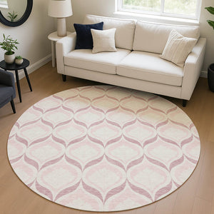 HomeRoots 8' Pink and Ivory Round Geometric Rug - Stylish, Washable, Durable for Indoor & Outdoor Spaces 689771