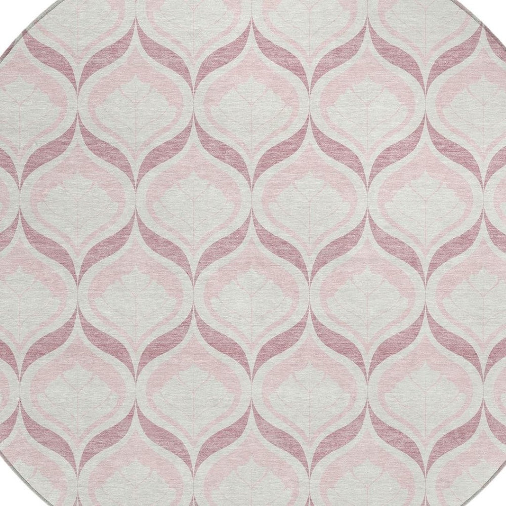HomeRoots 8' Pink and Ivory Round Geometric Rug - Stylish, Washable, Durable for Indoor & Outdoor Spaces 689771
