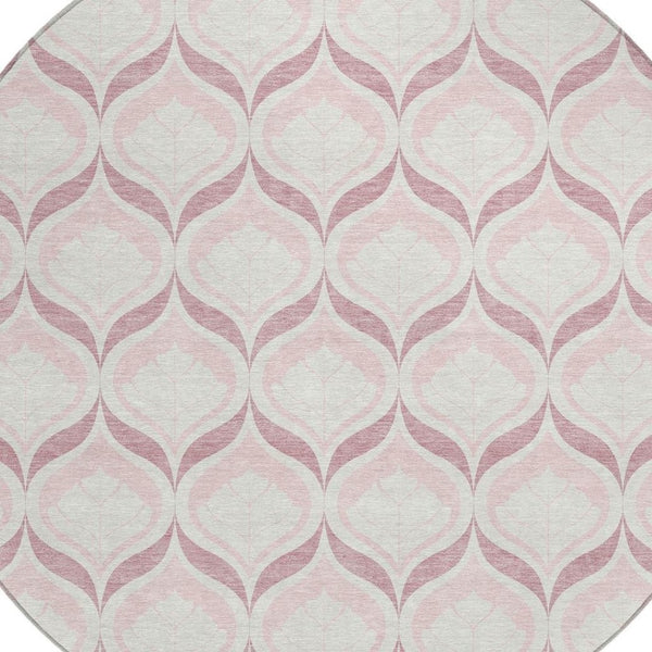 HomeRoots 8' Pink and Ivory Round Geometric Rug - Stylish, Washable, Durable for Indoor & Outdoor Spaces 689771