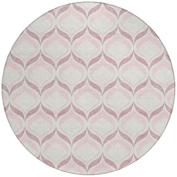 HomeRoots 8' Pink and Ivory Round Geometric Rug - Stylish, Washable, Durable for Indoor & Outdoor Spaces 689771