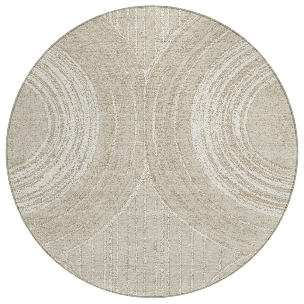 HomeRoots 8' Beige and Tan Round Geometric Indoor-Outdoor Area Rug - Durable, Washable, Modern Style for Any Space 689777