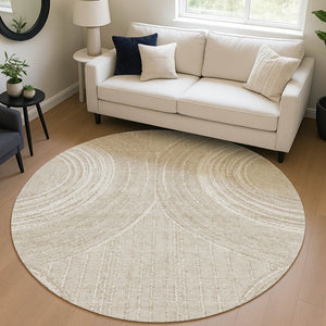 HomeRoots 8' Beige and Tan Round Geometric Indoor-Outdoor Area Rug - Durable, Washable, Modern Style for Any Space 689777