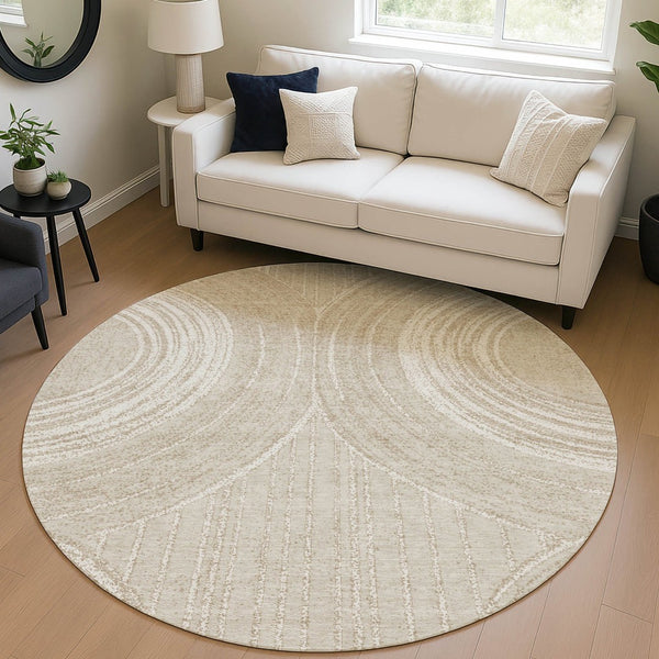 HomeRoots 8' Beige and Tan Round Geometric Indoor-Outdoor Area Rug - Durable, Washable, Modern Style for Any Space 689777