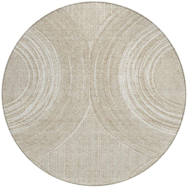 HomeRoots 8' Beige and Tan Round Geometric Indoor-Outdoor Area Rug - Durable, Washable, Modern Style for Any Space 689777
