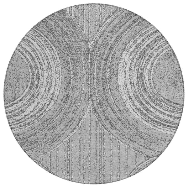 HomeRoots 8' Charcoal and Gray Round Geometric Area Rug - Stylish, Washable, Durable for Indoor & Outdoor Use 689783