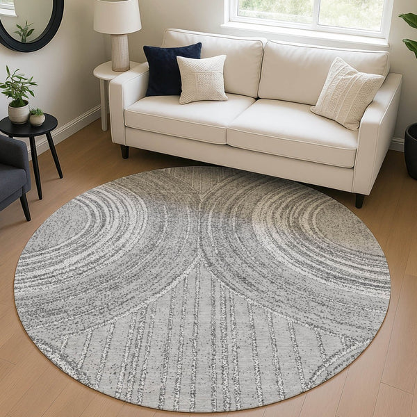 HomeRoots 8' Charcoal and Gray Round Geometric Area Rug - Stylish, Washable, Durable for Indoor & Outdoor Use 689783