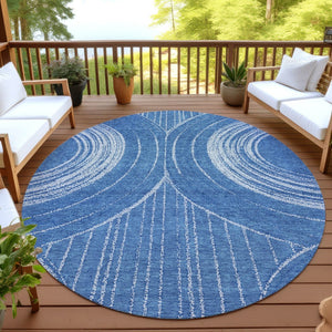 HomeRoots 8' Navy Blue and Sky Blue Round Geometric Area Rug - Washable, Durable, Stylish for Indoor/Outdoor Use 689789