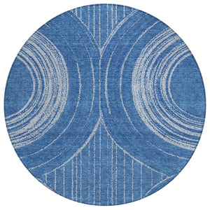 HomeRoots 8' Navy Blue and Sky Blue Round Geometric Area Rug - Washable, Durable, Stylish for Indoor/Outdoor Use 689789