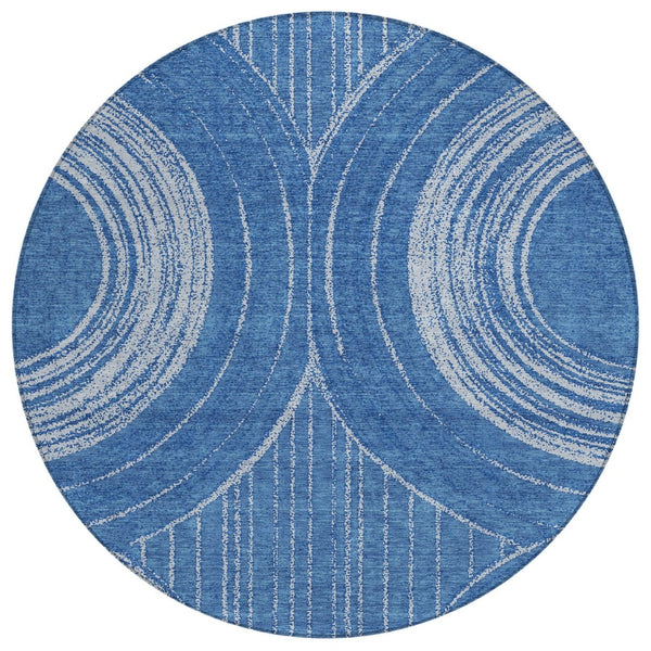HomeRoots 8' Navy Blue and Sky Blue Round Geometric Area Rug - Washable, Durable, Stylish for Indoor/Outdoor Use 689789