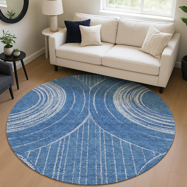 HomeRoots 8' Navy Blue and Sky Blue Round Geometric Area Rug - Washable, Durable, Stylish for Indoor/Outdoor Use 689789