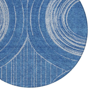 HomeRoots 8' Navy Blue and Sky Blue Round Geometric Area Rug - Washable, Durable, Stylish for Indoor/Outdoor Use 689789