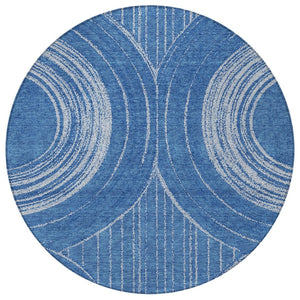 HomeRoots 8' Navy Blue and Sky Blue Round Geometric Area Rug - Washable, Durable, Stylish for Indoor/Outdoor Use 689789