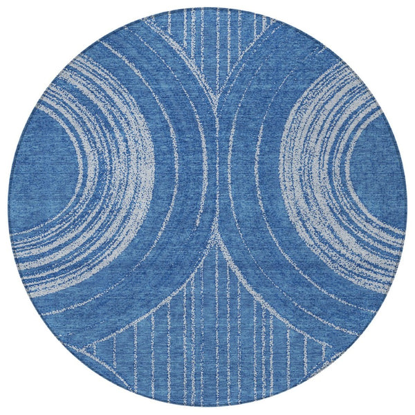 HomeRoots 8' Navy Blue and Sky Blue Round Geometric Area Rug - Washable, Durable, Stylish for Indoor/Outdoor Use 689789