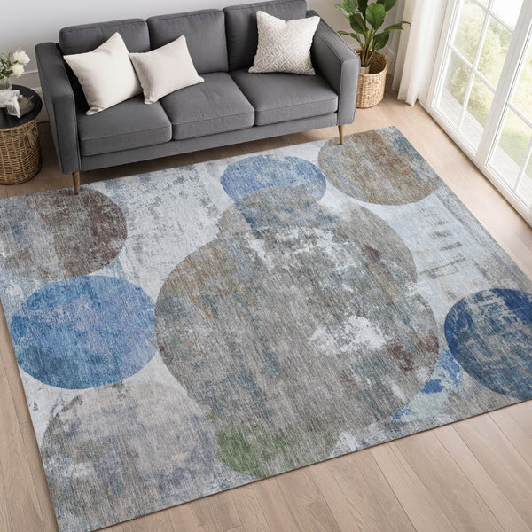HomeRoots 5' Blue and Beige Geometric Indoor Outdoor Area Rug - Durable, Washable, Perfect for High-Traffic Spaces! 689794