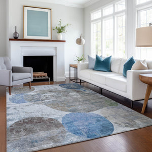 HomeRoots 5' Blue and Beige Geometric Indoor Outdoor Area Rug - Durable, Washable, Perfect for High-Traffic Spaces! 689794