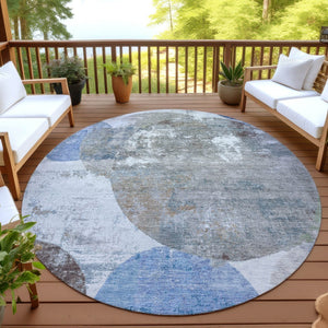 HomeRoots 8' Round Geometric Indoor Outdoor Area Rug in Blue and Beige - Washable, Stylish, and Durable! 689795