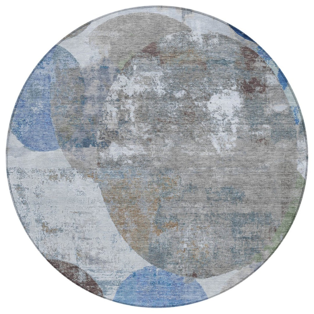 HomeRoots 8' Round Geometric Indoor Outdoor Area Rug in Blue and Beige - Washable, Stylish, and Durable! 689795