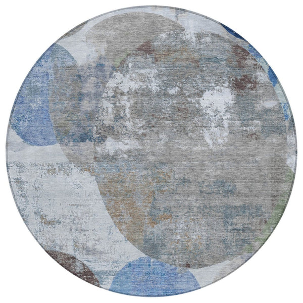 HomeRoots 8' Round Geometric Indoor Outdoor Area Rug in Blue and Beige - Washable, Stylish, and Durable! 689795