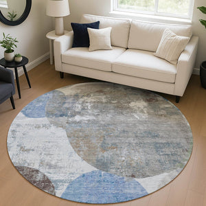 HomeRoots 8' Round Geometric Indoor Outdoor Area Rug in Blue and Beige - Washable, Stylish, and Durable! 689795