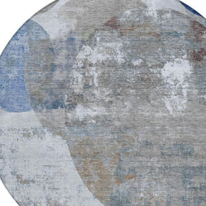 HomeRoots 8' Round Geometric Indoor Outdoor Area Rug in Blue and Beige - Washable, Stylish, and Durable! 689795