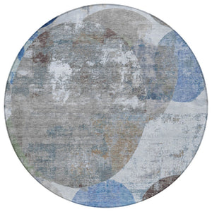 HomeRoots 8' Round Geometric Indoor Outdoor Area Rug in Blue and Beige - Washable, Stylish, and Durable! 689795
