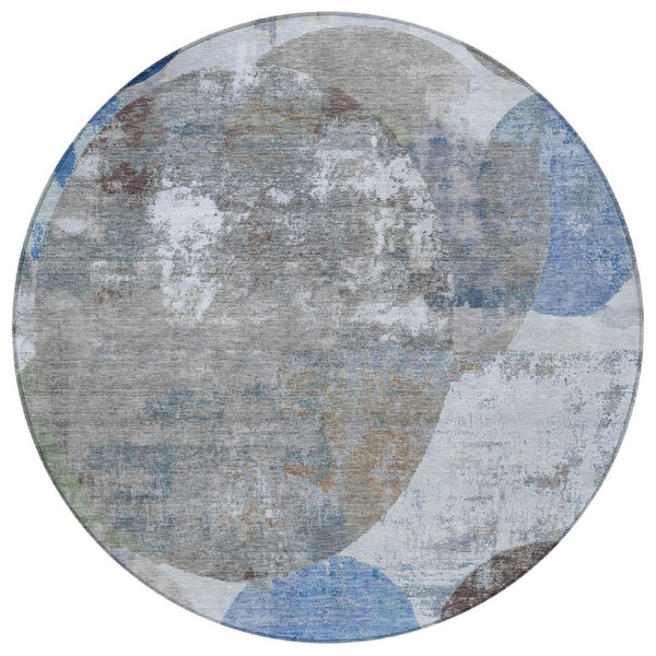 HomeRoots 8' Round Geometric Indoor Outdoor Area Rug in Blue and Beige - Washable, Stylish, and Durable! 689795