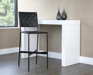 Sunpan Omari Elevated Bar Stool - Handcrafted Black Leather Weaved Seat with Stylish Iron Frame Design Black Leather