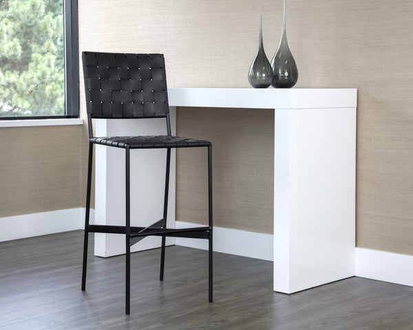 Sunpan Omari Elevated Bar Stool - Handcrafted Black Leather Weaved Seat with Stylish Iron Frame Design Black Leather