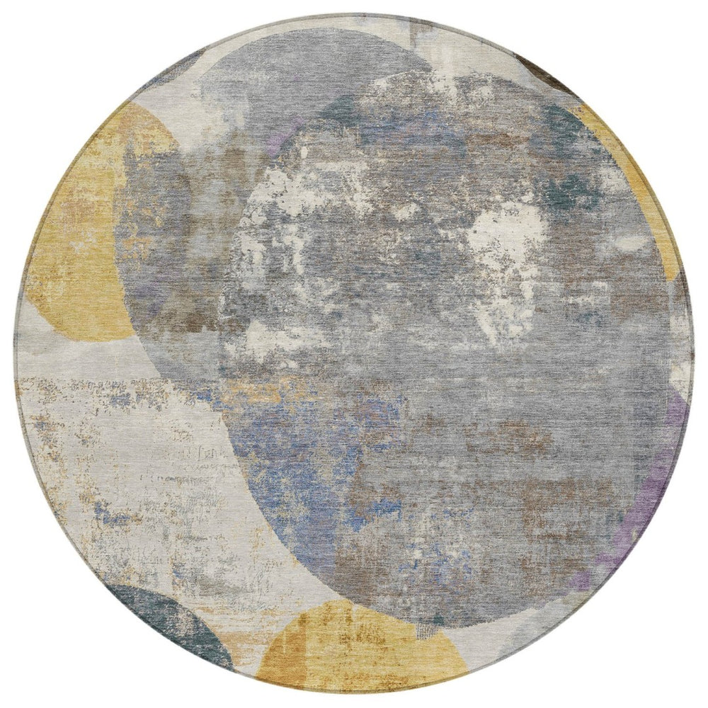 HomeRoots 8' Modern Gray Gold and Ivory Round Geometric Washable Area Rug for Indoor and Outdoor Spaces 689801