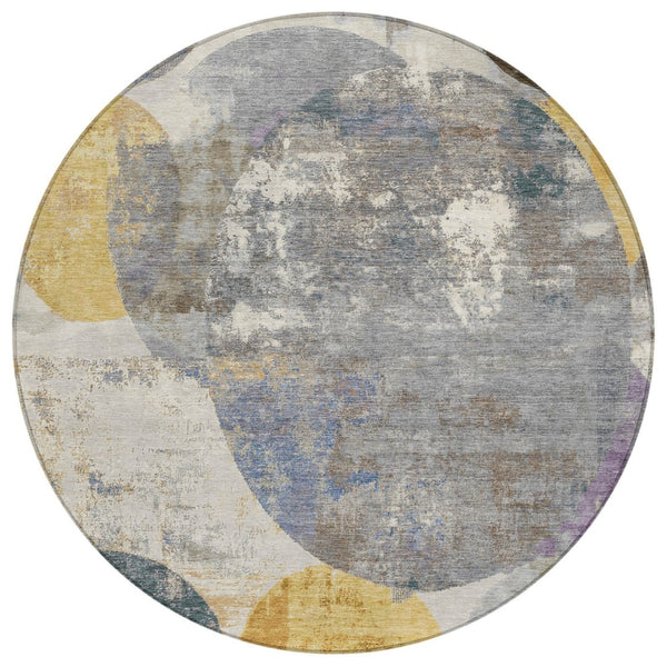 HomeRoots 8' Modern Gray Gold and Ivory Round Geometric Washable Area Rug for Indoor and Outdoor Spaces 689801