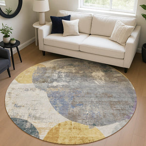 HomeRoots 8' Modern Gray Gold and Ivory Round Geometric Washable Area Rug for Indoor and Outdoor Spaces 689801