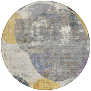HomeRoots 8' Modern Gray Gold and Ivory Round Geometric Washable Area Rug for Indoor and Outdoor Spaces 689801