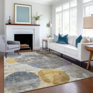 HomeRoots 9' X 12' Stylish Gray Gold Ivory Geometric Washable Indoor Outdoor Rug for Modern Spaces & Durability 689803