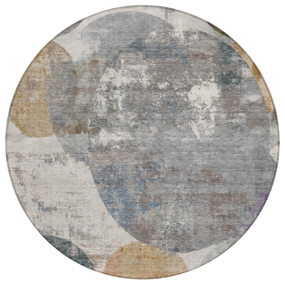 HomeRoots 8' Round Geometric Area Rug in Khaki Gray & Ivory - Washable, Stylish, Durable for Indoor/Outdoor Use 689807