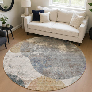 HomeRoots 8' Round Geometric Area Rug in Khaki Gray & Ivory - Washable, Stylish, Durable for Indoor/Outdoor Use 689807