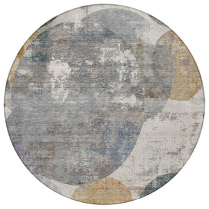 HomeRoots 8' Round Geometric Area Rug in Khaki Gray & Ivory - Washable, Stylish, Durable for Indoor/Outdoor Use 689807
