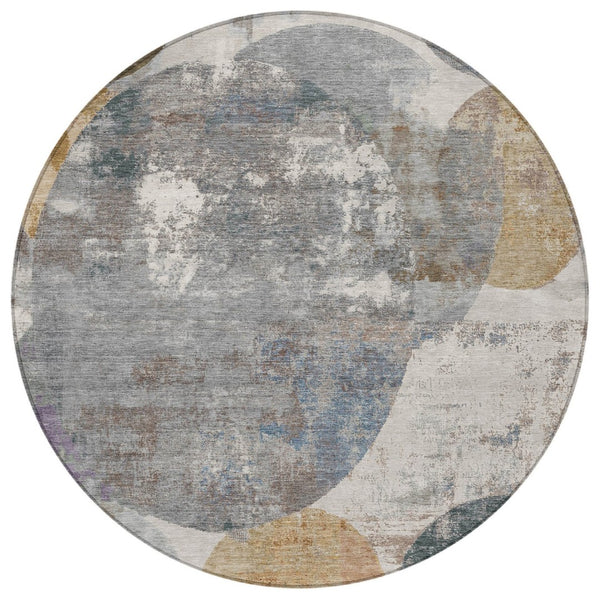 HomeRoots 8' Round Geometric Area Rug in Khaki Gray & Ivory - Washable, Stylish, Durable for Indoor/Outdoor Use 689807