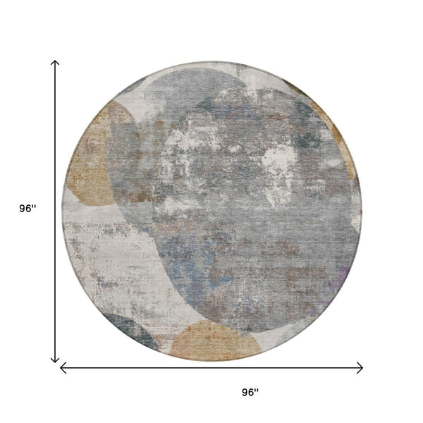 HomeRoots 8' Round Geometric Area Rug in Khaki Gray & Ivory - Washable, Stylish, Durable for Indoor/Outdoor Use 689807