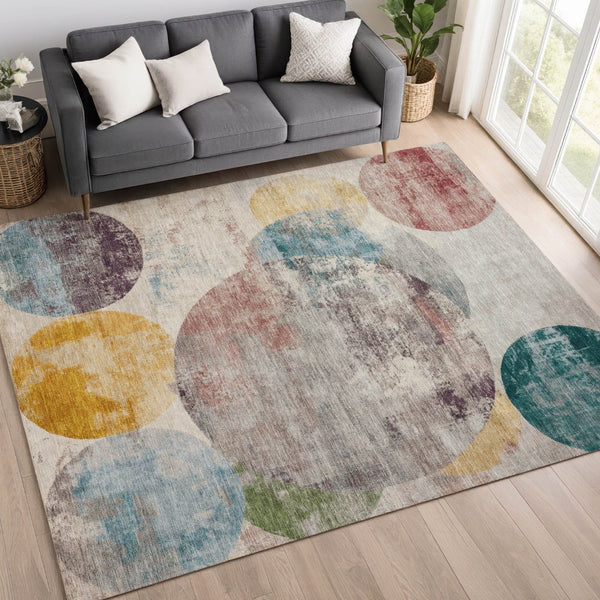 HomeRoots 5' X 8' Washable Beige, Teal Blue & Gold Geometric Area Rug for Indoor/Outdoor Use - Durable & Stylish 689812