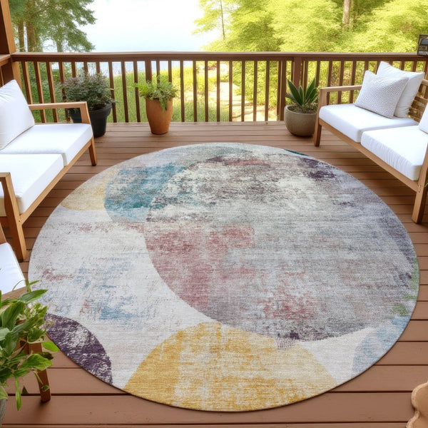 HomeRoots 8' Modern Geometric Beige, Teal Blue & Gold Round Area Rug - Washable, Durable for Indoor/Outdoor Use 689813