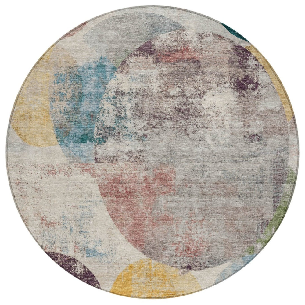 HomeRoots 8' Modern Geometric Beige, Teal Blue & Gold Round Area Rug - Washable, Durable for Indoor/Outdoor Use 689813