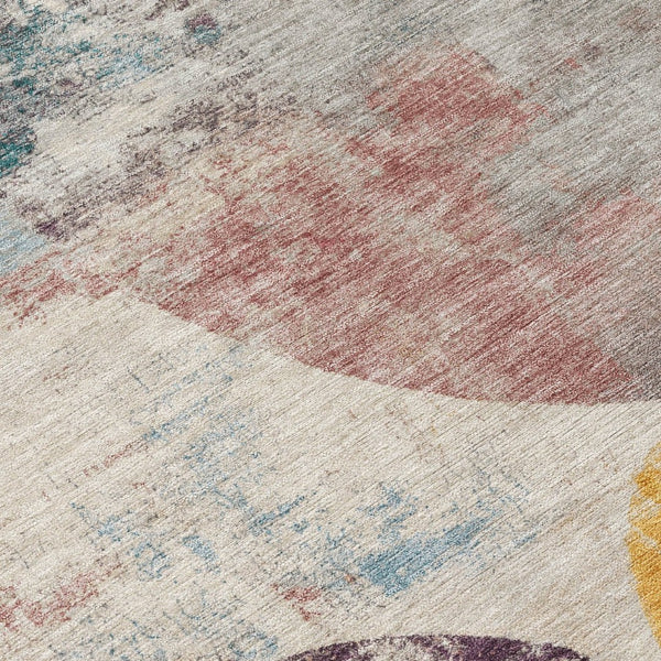 HomeRoots 8' Modern Geometric Beige, Teal Blue & Gold Round Area Rug - Washable, Durable for Indoor/Outdoor Use 689813