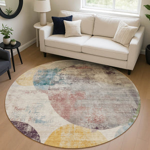 HomeRoots 8' Modern Geometric Beige, Teal Blue & Gold Round Area Rug - Washable, Durable for Indoor/Outdoor Use 689813