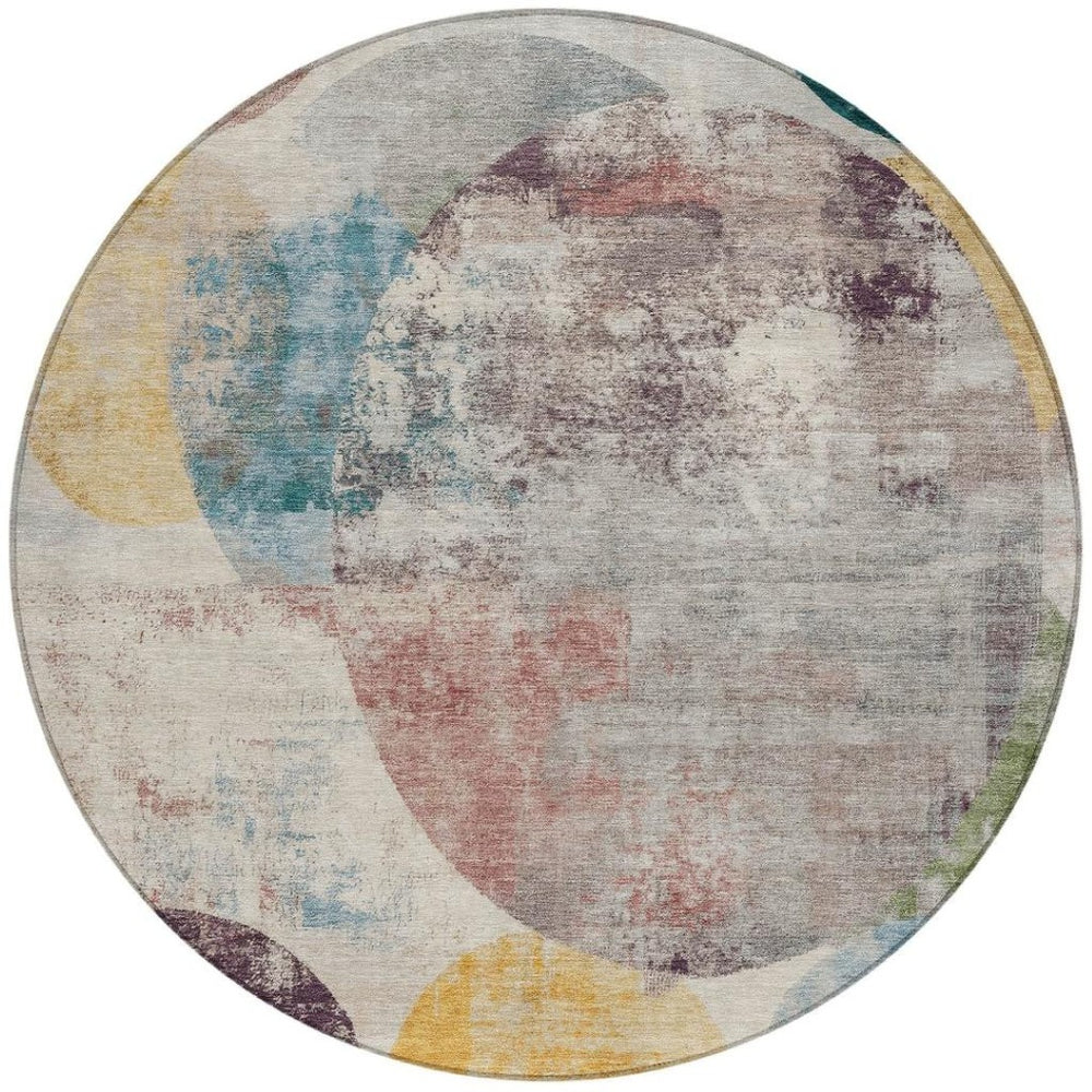 HomeRoots 8' Modern Geometric Beige, Teal Blue & Gold Round Area Rug - Washable, Durable for Indoor/Outdoor Use 689813