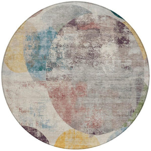 HomeRoots 8' Modern Geometric Beige, Teal Blue & Gold Round Area Rug - Washable, Durable for Indoor/Outdoor Use 689813