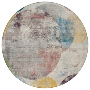 HomeRoots 8' Modern Geometric Beige, Teal Blue & Gold Round Area Rug - Washable, Durable for Indoor/Outdoor Use 689813