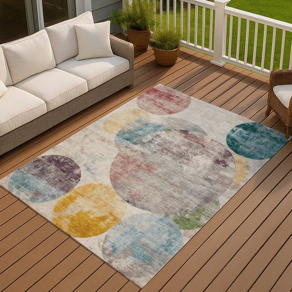 HomeRoots 8' X 10' Geometric Washable Area Rug in Beige, Teal Blue & Gold - Durable, Stylish Indoor/Outdoor Accent 689814